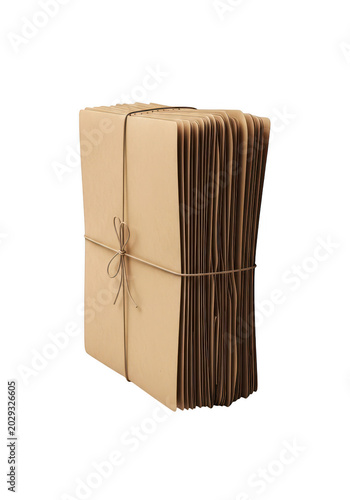 Stack of old brown paper documents tied together with string isolated on transparent background