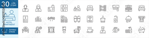 Hotel and apartment icon set. Containing : reception bell, receptionist, cafe, receipt, laundry, bellboy, room key, elevator, bed size, swimming pool, room service, parking, chef, service, gym, spa.