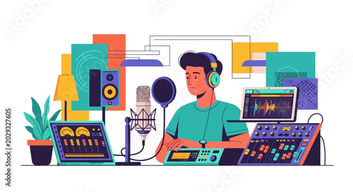 Man in headphones recording audio in a studio.
