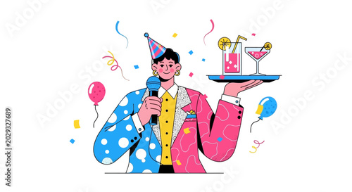 Man in Party Hat Holding Microphone and Drinks Tray.