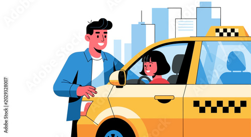 Man and woman in yellow taxi cab illustration.