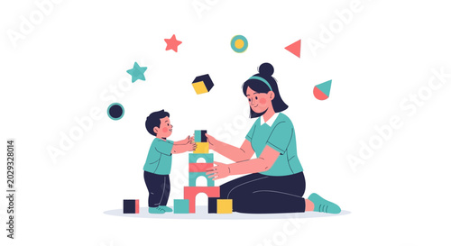 Mother and child playing with colorful blocks together.