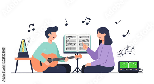 Man and woman practicing music together.