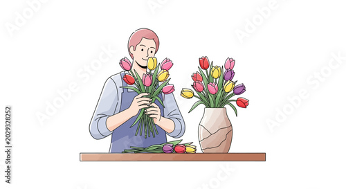 Man arranging colorful tulips in a bouquet.