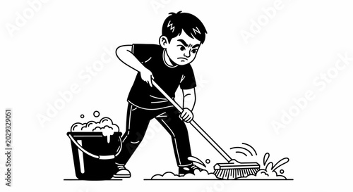 Schilderij op canvas A boy is sweeping the floor with a broom and bucket nearby jncfhj 86 ai