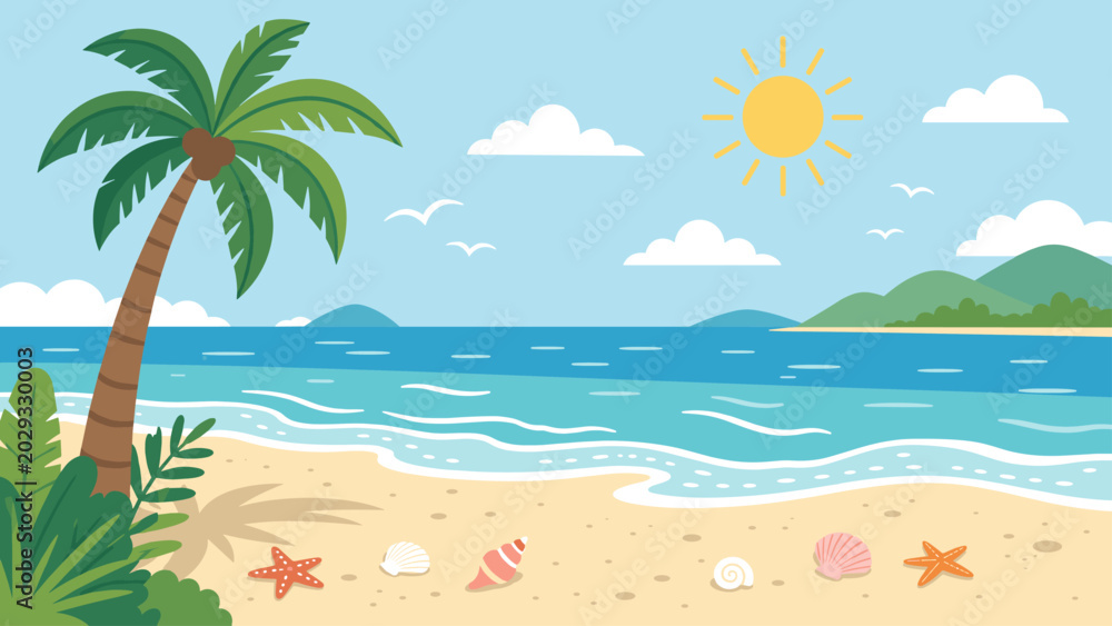 Fototapeta premium Tropical beach scene with palm tree, ocean waves, and seashells under a sunny sky