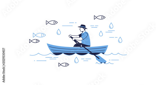 Man rowing a boat on water with fish.