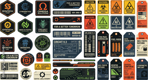 Collection of sci-fi and cyberpunk themed stickers and labels with sci fi retro futurism cyberpunk futuristic technology collection