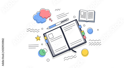 Open Notebook with Pen and Thought Bubbles Illustration.