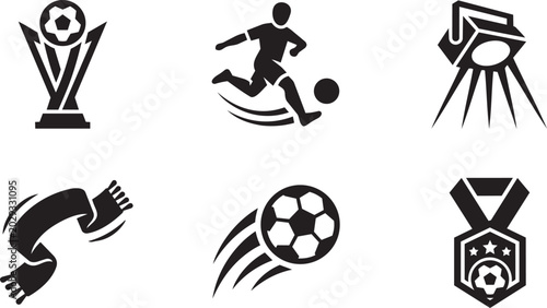 Soccer player action and football stadium equipment black vector icons set.