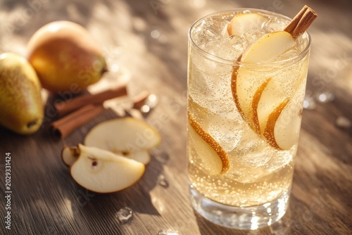 Refreshing pear sparkling drink with slices and cinnamon, set on a wooden table with fresh pears in the background.