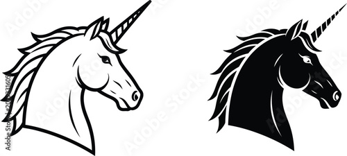 Minimalist black and white unicorn head vector illustration for creative branding and graphic design projects