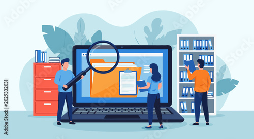 Detailed Vector Illustration of Data Management and File Organization on a Laptop with Magnifying Glass and People