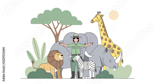 Safari Ranger with African Animals Illustration.