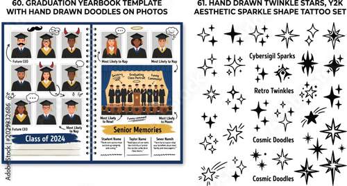 Graduation yearbook layout with student portraits and star doodles high school hand drawn album page graduation yearbook template