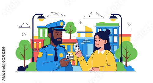 Police Officer Shows Identification to Woman in City Scene.