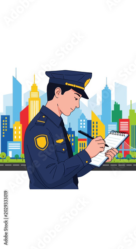 Police officer writing notes on a notepad.