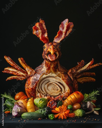 A whimsical centerpiece featuring a chicken with bacon wings, surrounded by colorful vegetables on a dark background.