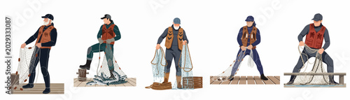 Bilde på lerret Collection of diverse fishermen characters working with nets and freshly caught fish on a wooden pier, flat vector illustration set on white background