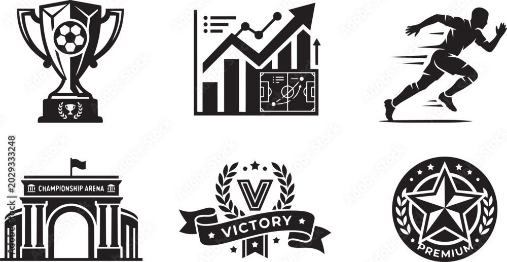 Fototapeta premium Soccer championship trophy and football analytics black vector icons set.