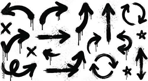 Graffiti spray paint arrows and symbols in black with street art paint drip brush stroke graffiti direction illustration splatter