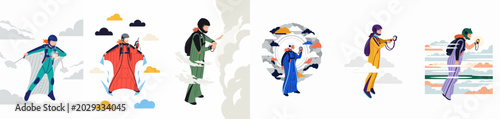 Bilde på lerret Set of illustrations depicting skydivers and wingsuit flyers in mid-air action against a cloudy sky background