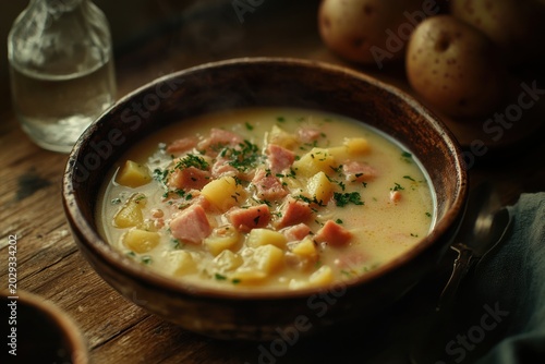 A warm, hearty bowl of creamy potato and ham soup garnished with fresh herbs, served in rustic wooden dish.