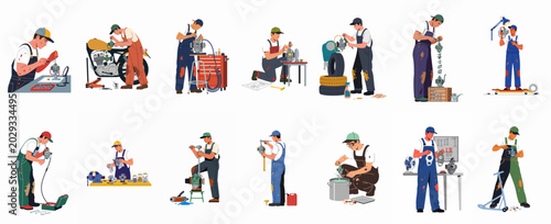 Bild auf Leinwand Comprehensive collection of flat vector illustrations featuring mechanics repairing, cleaning, and inspecting carburetors and various engine components in a professional workshop setting