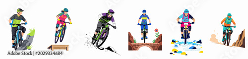 Bild auf Leinwand Vector illustration set featuring diverse mountain bikers performing various activities like downhill riding, jumping ramps, and crossing water obstacles on rugged terrain