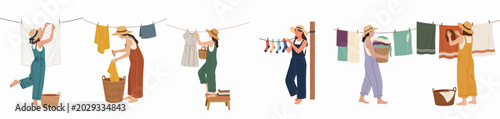 Obraz na plátně A collection of flat illustrations showing young women hanging laundry on outdoor clotheslines, wearing straw hats and comfortable overalls in a minimalist style