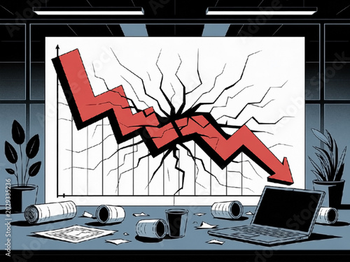 Stock Market Crash Illustration with Falling Red Arrow and Cracked Wall