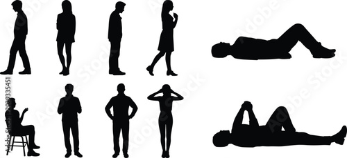 Fotografija People silhouette collection with standing sitting and lying human figures isola