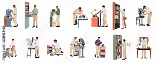 Foto Collection of illustrations depicting a male archivist or librarian working with microfilm, film reels, and documents in a library or archival setting