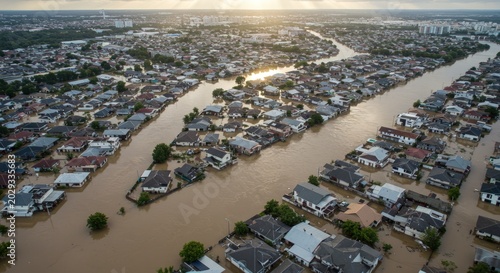 Wide aerial perspective of a massive flood inundating an entire residential district with thick brown water.