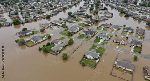 Wide aerial view of a flooded suburban neighborhood with modern houses surrounded by standing brown water.