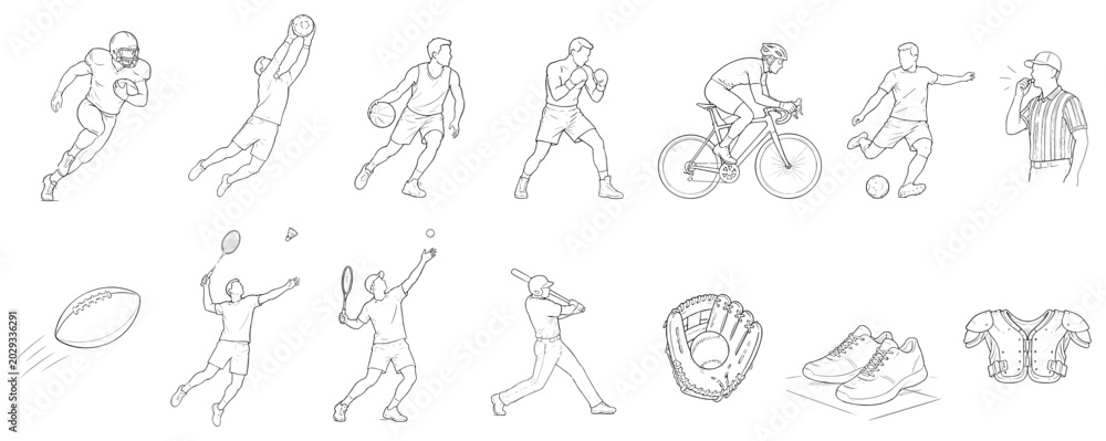 Fototapeta premium Diverse athletes and sports equipment depicted in a clean line art style
