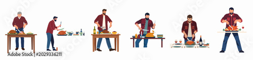 Foto Set of illustrations featuring various men in casual attire carving roasted turkey for a Thanksgiving or holiday dinner celebration