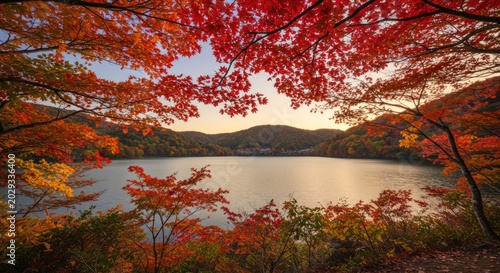 Wide view of a mountain lake framed by colorful autumn branches.