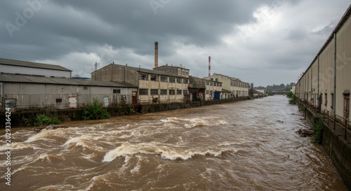 Wide view of an industrial area along a swollen brown river under a gloomy sky.