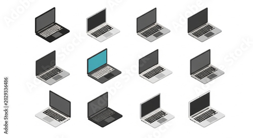 Foto Multiple Laptops Open with Various Screens and Angles.