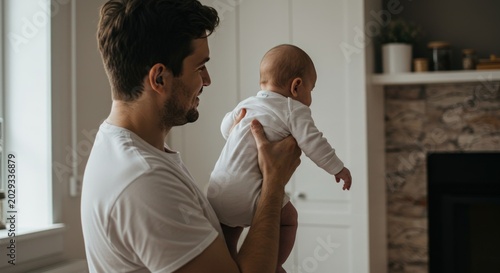 Young father holding baby and looking into their eyes with a smile.