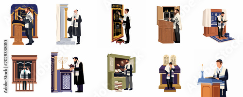 Obraz na plátne Collection of flat illustrations depicting Jewish men praying and performing religious rituals in a synagogue setting wearing traditional tallit and kippah
