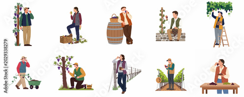 Tableau sur toile Set of flat vector illustrations featuring diverse vineyard workers and farmers harvesting, tasting, and processing grapes for winemaking on a white background