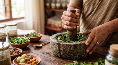 Hands grinding herbs and spices in a mortar and pestle