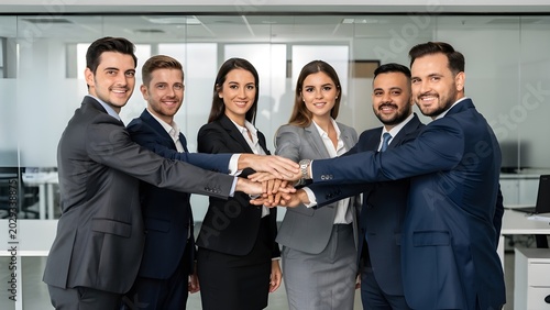 Diverse Group of Business Professionals Stacking Hands Together in Modern Office Workspace