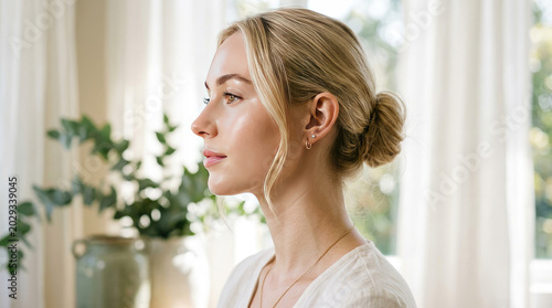 Woman with long blonde hair looking away from camera in white shirt