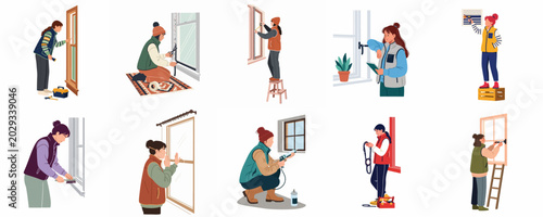 фотографія Collection of flat illustrations showing people weatherizing and winterizing windows for energy efficiency, including sealing, caulking, and applying insulation film