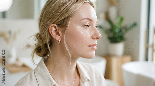 Woman with long blonde hair looking away from camera in white shirt