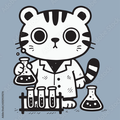 Bild auf Leinwand Cartoon tiger in lab coat holding beaker.