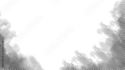 Black and white halftone dot pattern border with white empty space on transparent background